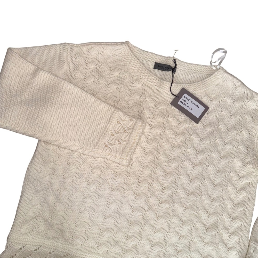 Elsamanda Fringe Knit Sweater Women Large White NEW Made in Italy Alpaca Wool